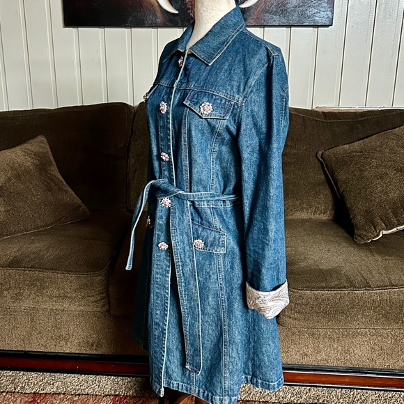 Berek • Medium • Vintage • Blue • Denim • Pink Rhinestones Buttons • Trench Coat - Picture 7 of 12